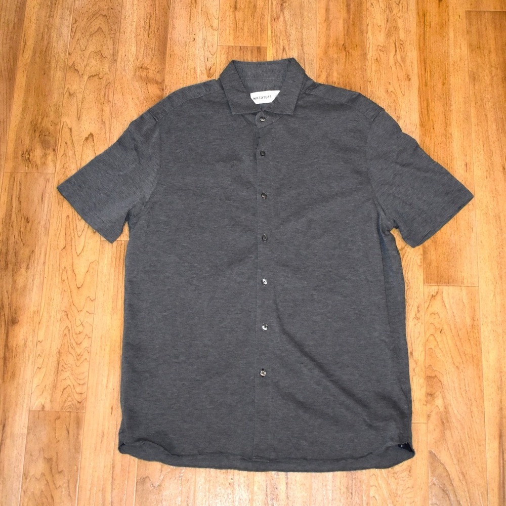 Ash & Erie NiceStuff Button Down Mens Large Gray Short Sleeve Knit Stretch Shirt